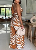 Sexy Print Halter Neck Top Wide Leg Pants Two-Piece Set