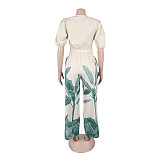 Women's Printed V-Neck Lantern Short Sleeve Wide Leg Trousers Set