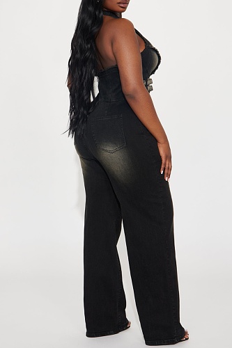 Black Tight Waist Slim Halter Neck Stretch Washed Denim Jumpsuit
