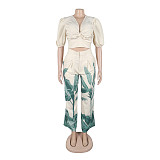 Women's Printed V-Neck Lantern Short Sleeve Wide Leg Trousers Set