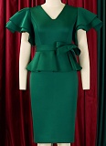 Fashionable And Elegant Ruffled Solid Color Banquet Dress