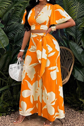 New Arrival Tropical Print Pleated Butterfly Sleeve Top With Lace-Up Wide-Leg Pants Two-Piece Set