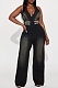 Black Tight Waist Slim Halter Neck Stretch Washed Denim Jumpsuit