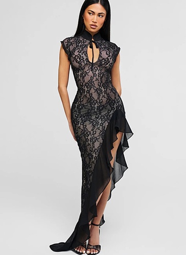 New Chinese Style Slim Fit Lace Lace Sleeveless Hem Ruffled Slit Dress