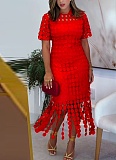 Round Neck Hollow Elegant Fashion Tassel Solid Color Dress