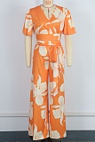New Arrival Tropical Print Pleated Butterfly Sleeve Top With Lace-Up Wide-Leg Pants Two-Piece Set