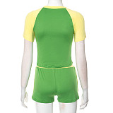 Casual Pullover Round Neck Contrast Color Stitching Letter Offset Printing Elastic High Waist Suit