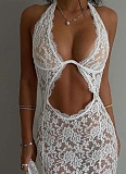 Temperament Lace Hollow Halter Neck Long Skirt Sexy Backless Solid Color Dress