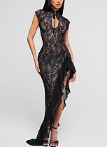 New Chinese Style Slim Fit Lace Lace Sleeveless Hem Ruffled Slit Dress