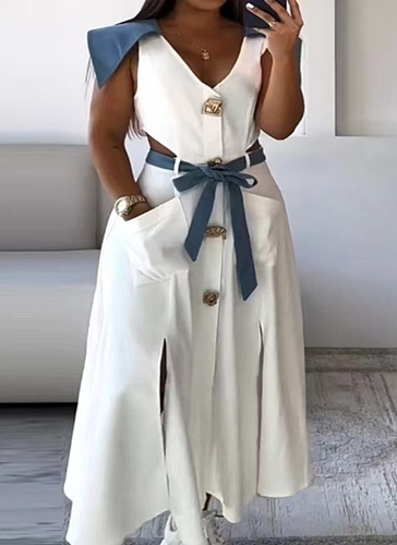 Hot Sale Summer New Style Lapel Exposed Waist Slit Belt Sleeveless Dress
