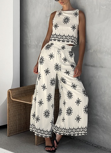 Fashion Women's Casual Printed Sleeveless Top Wide-leg Pants Suit