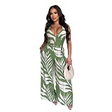 Sexy Print Halter Neck Top Wide Leg Pants Two-Piece Set