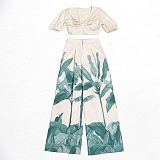 Women's Printed V-Neck Lantern Short Sleeve Wide Leg Trousers Set