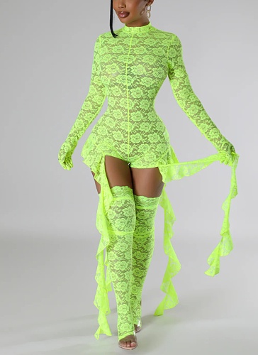 New Lace Jacquard Ruffled Jumpsuit With Leg Covers