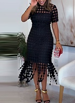 Round Neck Hollow Elegant Fashion Tassel Solid Color Dress