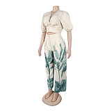 Women's Printed V-Neck Lantern Short Sleeve Wide Leg Trousers Set