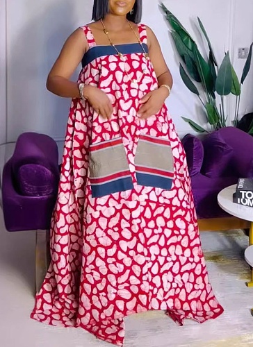 Sexy Suspender Print Dress With Large Hem and Multiple Colors