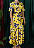 New Fashion Temperament Lace-up Printed Short Sleeve Large Swing Dress