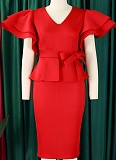 Fashionable And Elegant Ruffled Solid Color Banquet Dress