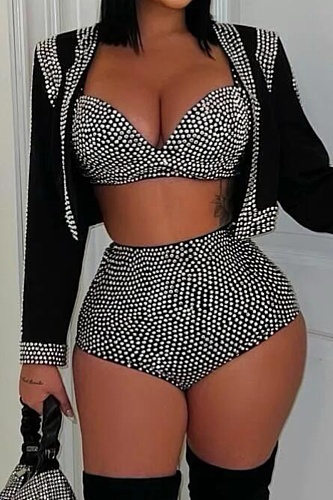 Black Elegant Rhinestone Jacket, Camisole, Rhinestone Shorts Three-Piece Suit