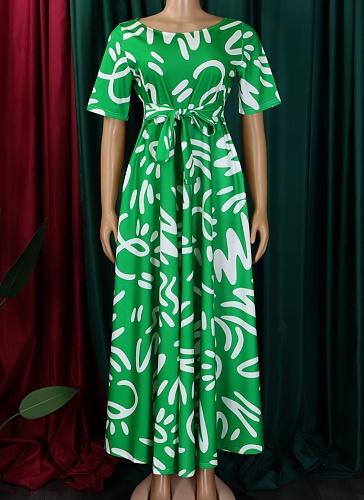 New Fashion Temperament Lace-up Printed Short Sleeve Large Swing Dress