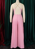 Sexy Chain Halter Neck High Waist Sexy Backless Wide Leg Pleated Jumpsuit