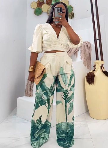 Women's Printed V-Neck Lantern Short Sleeve Wide Leg Trousers Set