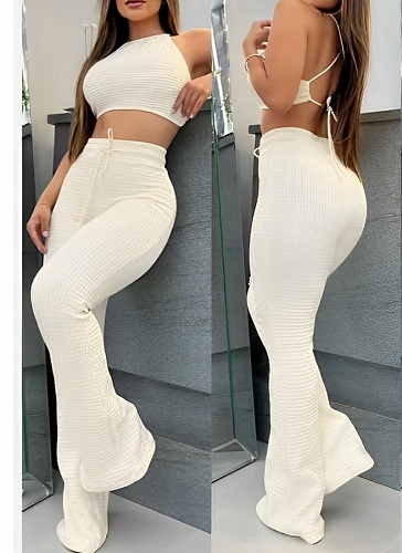 Waffle Sexy Short Halter Vest High Waist Flared Pants Two-Piece Set