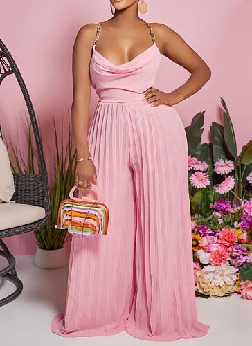 Sexy Chain Halter Neck High Waist Sexy Backless Wide Leg Pleated Jumpsuit