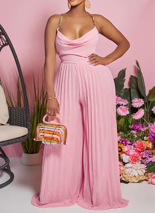 Sexy Chain Halter Neck High Waist Sexy Backless Wide Leg Pleated Jumpsuit