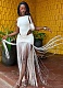 Sexy Pleated Round Neck Crotch Top Sleeveless Tassel Long Skirt See-through Suit