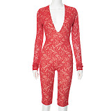 Women's Deep V-neck Large Backless Lace Hip-hugging Five-point Jumpsuit