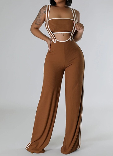 Threaded Sexy Chest Wrap Vest Fashionable Suspenders Wide Leg Pants Two Piece Set