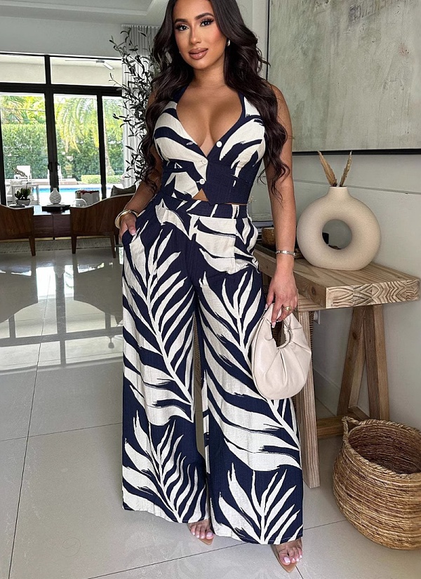 Sexy Print Halter Neck Top Wide Leg Pants Two-Piece Set