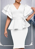 Fashionable And Elegant Ruffled Solid Color Banquet Dress