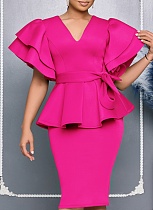 Fashionable And Elegant Ruffled Solid Color Banquet Dress