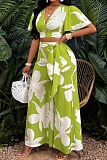 New Arrival Tropical Print Pleated Butterfly Sleeve Top With Lace-Up Wide-Leg Pants Two-Piece Set