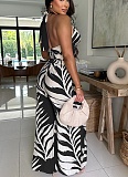 Sexy Print Halter Neck Top Wide Leg Pants Two-Piece Set