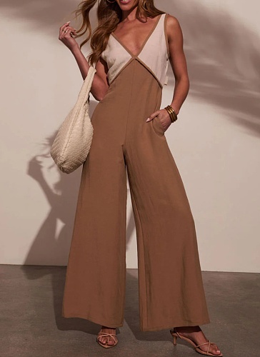 Women's Colorblock Suspender Bust Backless Fashion Casual Wide Leg Long Jumpsuit
