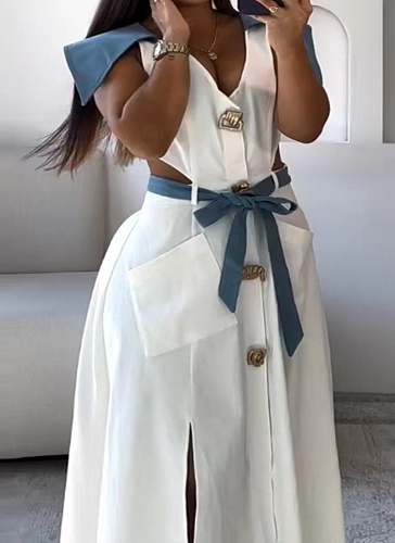 Hot Sale Summer New Style Lapel Exposed Waist Slit Belt Sleeveless Dress