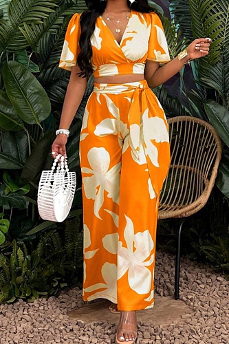 New Arrival Tropical Print Pleated Butterfly Sleeve Top With Lace-Up Wide-Leg Pants Two-Piece Set