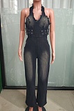 Black Tight Waist Slim Halter Neck Stretch Washed Denim Jumpsuit