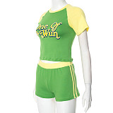 Casual Pullover Round Neck Contrast Color Stitching Letter Offset Printing Elastic High Waist Suit