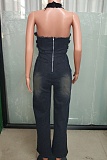 Black Tight Waist Slim Halter Neck Stretch Washed Denim Jumpsuit