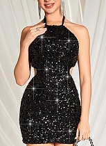 Sexy Backless Black Sequined Short Dress Wholesale