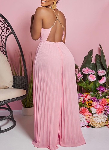 Sexy Chain Halter Neck High Waist Sexy Backless Wide Leg Pleated Jumpsuit
