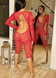 Women's Deep V-neck Large Backless Lace Hip-hugging Five-point Jumpsuit