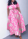 New Fashion Temperament Lace-up Printed Short Sleeve Large Swing Dress