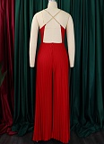 Sexy Chain Halter Neck High Waist Sexy Backless Wide Leg Pleated Jumpsuit