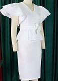 Fashionable And Elegant Ruffled Solid Color Banquet Dress